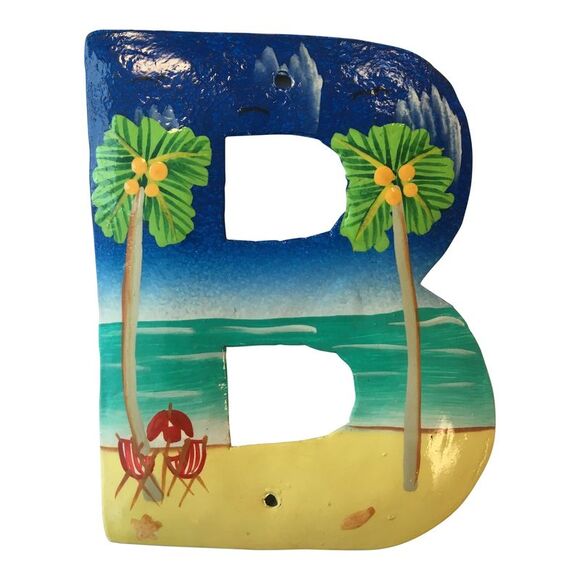 House Number Letter B Tropical Beach Scene Haitian Metal Art Hand Crafted - Picture 1 of 4